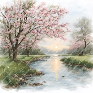 May include: Watercolor painting of a serene landscape featuring a river flowing through a grassy meadow. Pink flowering trees frame the scene, with a soft sunset in the background. The image has a dreamy, artistic quality.