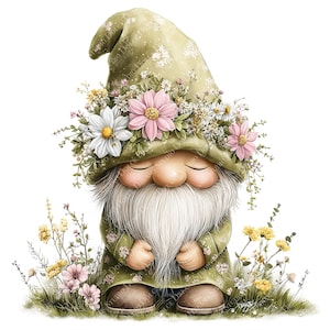 Può includere: Un'illustrazione stravagante di uno gnomo da giardino con una lunga barba bianca e un cappello verde ornato di fiori rosa e bianchi. Lo gnomo indossa un cappotto verde e stivali marroni, circondato da fiori selvatici.
