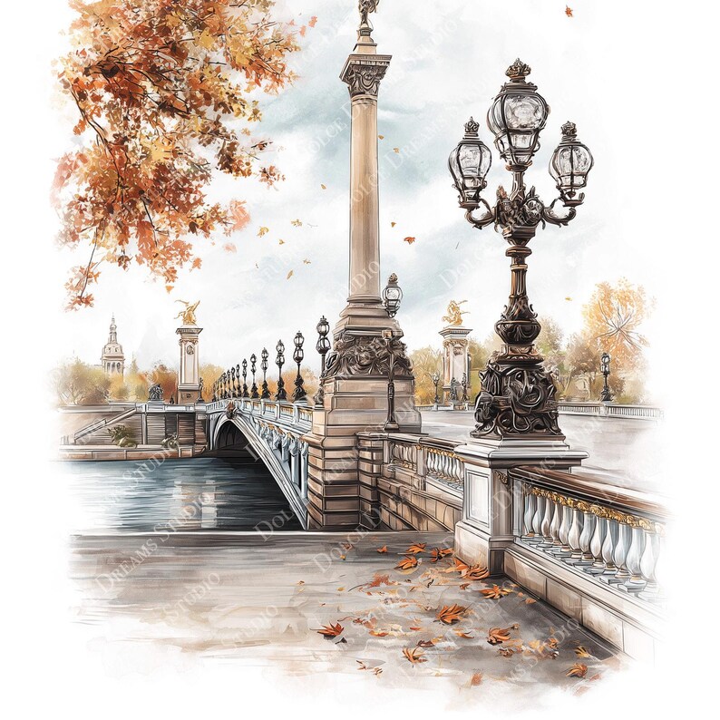 May include: Watercolor painting of a Parisian bridge scene in autumn. The artwork features a bridge with ornate lampposts, a tall column, and falling leaves. The color palette includes shades of beige, brown, and orange, evoking a sense of nostalgia.