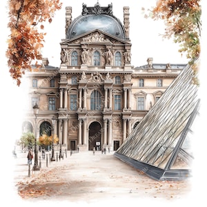 May include: Watercolor illustration of the Louvre Museum in Paris, France, featuring the iconic glass pyramid. The artwork showcases the building's classical architecture, with a warm color palette of beige, brown, and orange, evoking an autumn atmosphere.