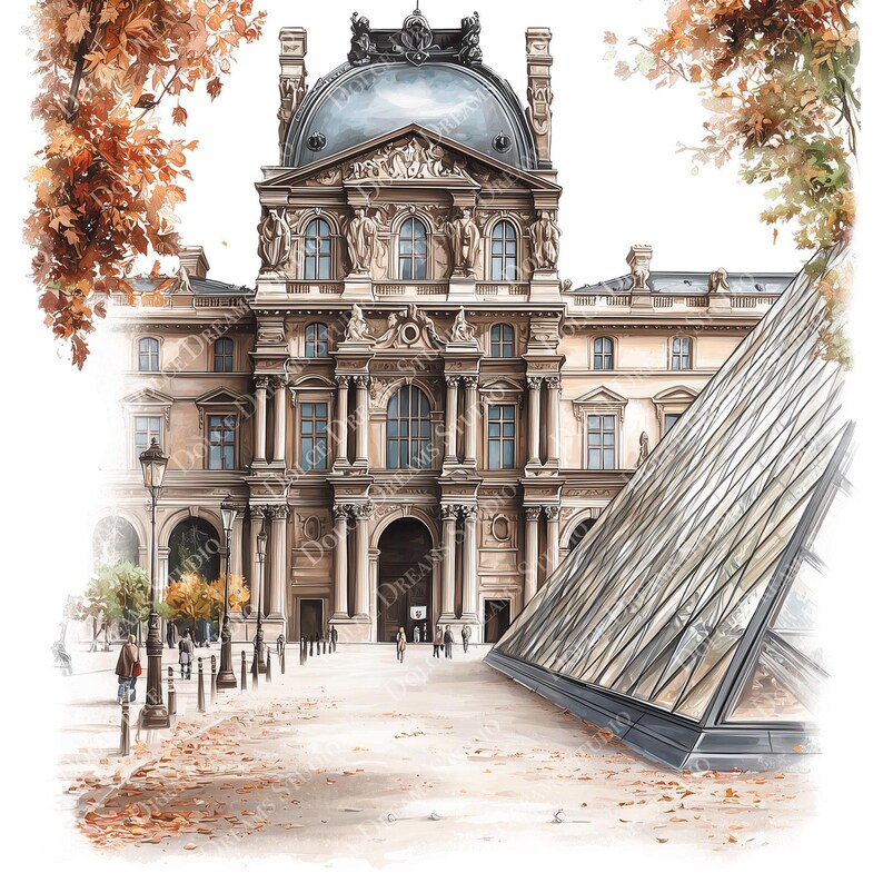 May include: Watercolor illustration of the Louvre Museum in Paris, France, featuring the iconic glass pyramid. The artwork showcases the building's classical architecture, with a warm color palette of beige, brown, and orange, evoking an autumn atmosphere.