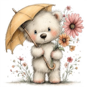 Könnte beinhalten: Eine bezaubernde Illustration eines weißen Teddybären, der einen beigen Regenschirm und einen Blumenstrauß hält. Der Bär hat blaue Augen und rosige Wangen. Rosa und orangefarbene Blumen sind im Strauß und um den Bären auf weißem Hintergrund.