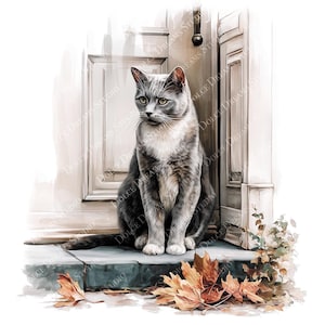 May include: Watercolor painting of a gray cat with white markings, sitting on a stone step in front of a white door. Autumn leaves in shades of brown and orange are scattered around the cat. The image has a soft, artistic style.