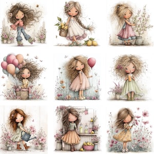 May include: Nine watercolor illustrations of young girls in various poses. The girls have long, curly hair and are dressed in pastel-colored dresses and outfits. Some are holding balloons, flowers, or watering cans. The background includes flowers, butterflies, and cityscapes.