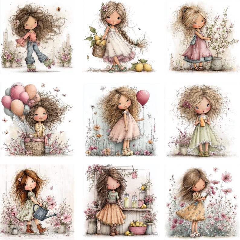May include: Nine watercolor illustrations of young girls in various poses. The girls have long, curly hair and are dressed in pastel-colored dresses and outfits. Some are holding balloons, flowers, or watering cans. The background includes flowers, butterflies, and cityscapes.
