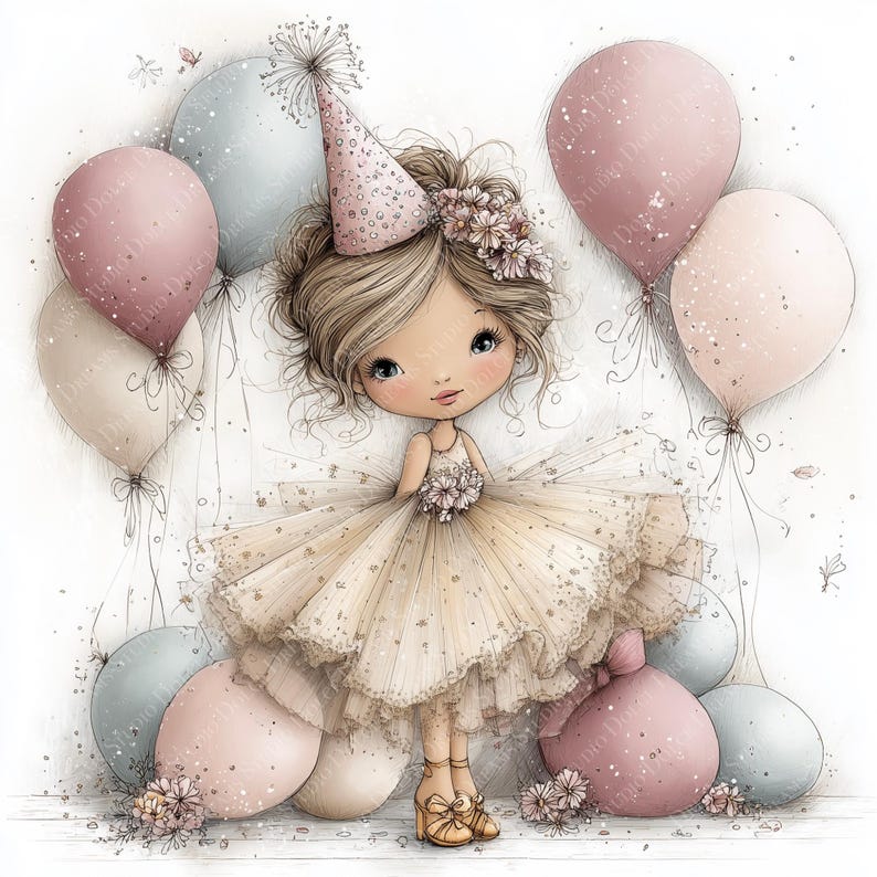 May include: A watercolor illustration of a young girl in a party dress and a party hat, surrounded by pastel balloons. The girl has blonde hair and is holding a bouquet of flowers. The balloons are in shades of pink, blue, and cream.