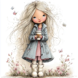 May include: Watercolor illustration of a young girl with long blonde hair, wearing a blue coat and pink dress, holding a coffee cup. She is wearing white boots and standing in a field of pink flowers with butterflies.