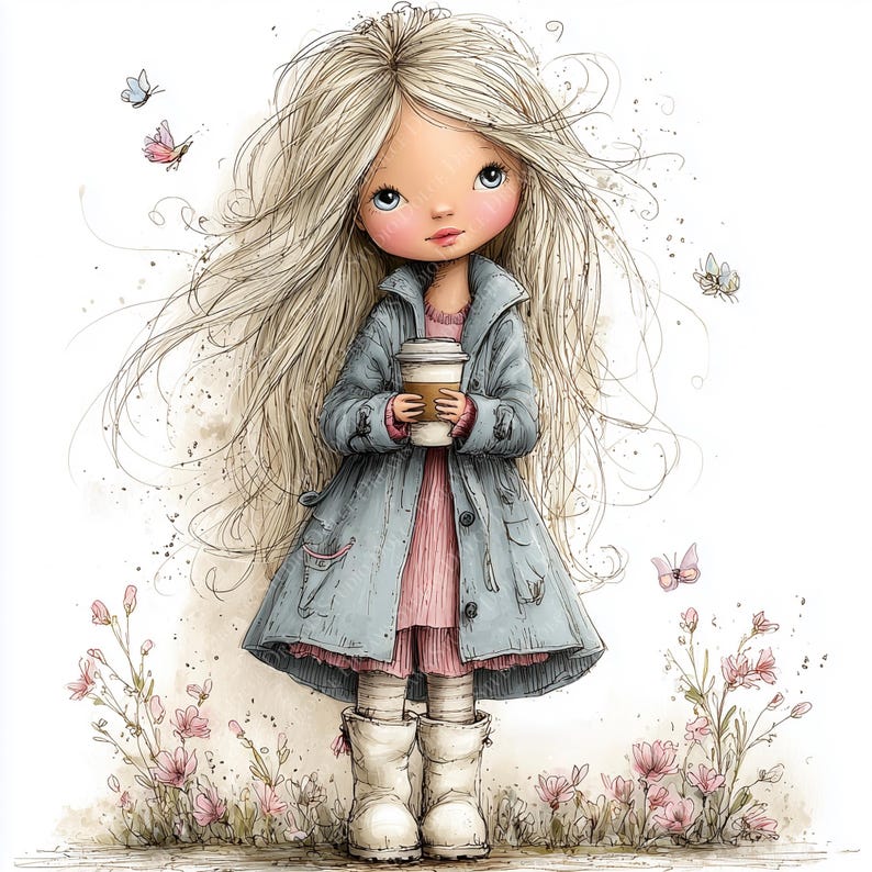 May include: Watercolor illustration of a young girl with long blonde hair, wearing a blue coat and pink dress, holding a coffee cup. She is wearing white boots and standing in a field of pink flowers with butterflies.