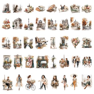 May include: Watercolor illustrations of Parisian scenes and fashion, including the Eiffel Tower, Arc de Triomphe, cafes, and people. The images feature a warm color palette with autumnal tones, showcasing a romantic and stylish aesthetic.