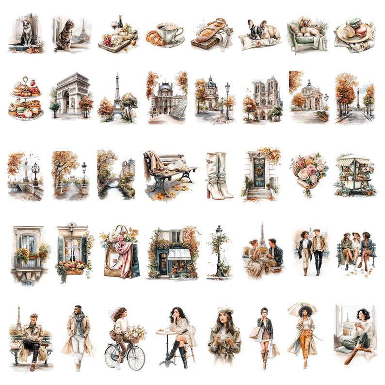 May include: Watercolor illustrations of Parisian scenes and fashion, including the Eiffel Tower, Arc de Triomphe, cafes, and people. The images feature a warm color palette with autumnal tones, showcasing a romantic and stylish aesthetic.