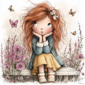 May include: A whimsical illustration of a young girl with red hair, freckles, and blue eyes, resting her chin on her hands. She wears a blue jacket, yellow skirt, and white sandals. Butterflies and pink flowers surround her, creating a dreamy, fairytale scene.