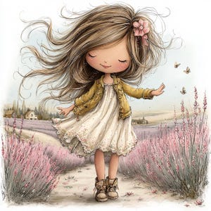 May include: Illustration of a young girl with long brown hair and a pink flower in her hair, wearing a white dress and a yellow jacket. She is standing in a field of lavender with butterflies.
