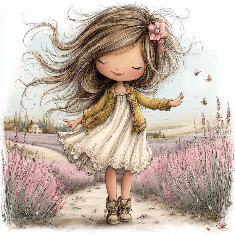 May include: Illustration of a young girl with long brown hair and a pink flower in her hair, wearing a white dress and a yellow jacket. She is standing in a field of lavender with butterflies.