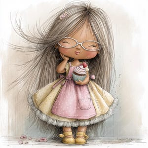 May include: A digital illustration of a girl with long brown hair wearing glasses, a pink polka-dot dress, and a yellow apron. She holds a cupcake with a strawberry on top. The image has a soft, whimsical style with a light color palette.
