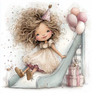 May include: An illustration of a girl with curly brown hair wearing a party hat and a cream-colored dress, sliding down a light blue slide. Pink balloons and wrapped gifts are also present, creating a birthday theme.