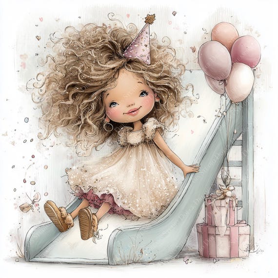 50 Whimsical Birthday Girl Clipart PNG Bundle, Cute Birthday Girl, Party Clipart, Balloons Cake Cupcake, Girls Birthday Graphics, Scrapbook