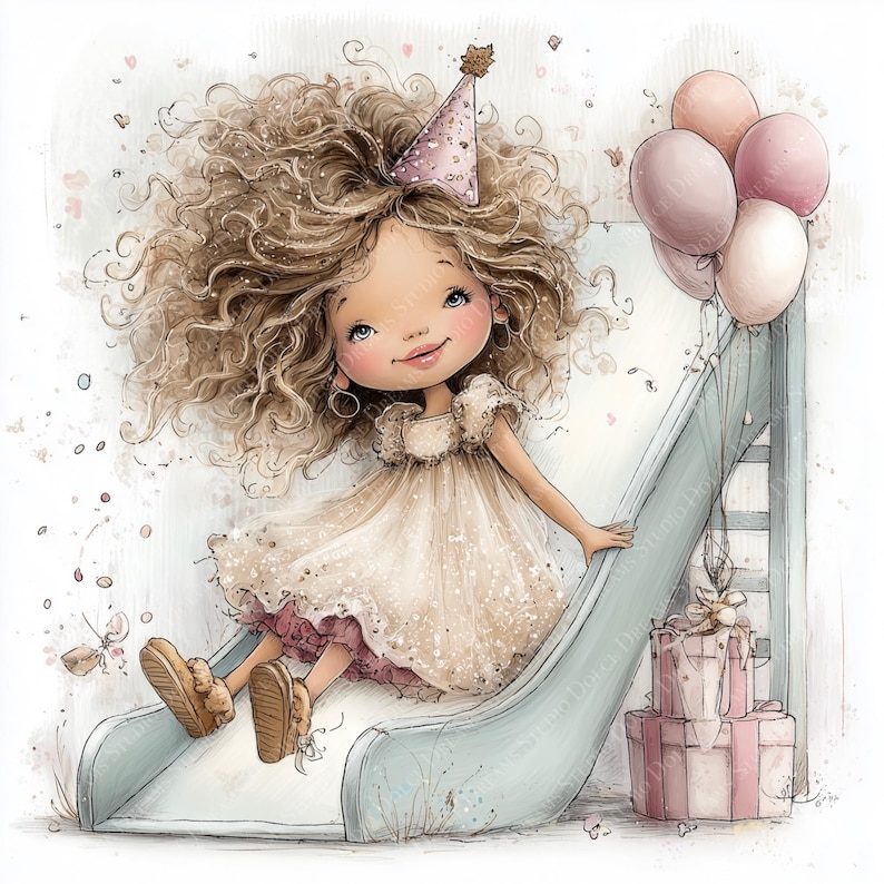 May include: An illustration of a girl with curly brown hair wearing a party hat and a cream-colored dress, sliding down a light blue slide. Pink balloons and wrapped gifts are also present, creating a birthday theme.