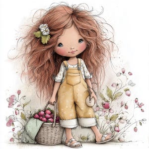 May include: A whimsical illustration of a young girl with long, flowing auburn hair adorned with a white flower. She wears yellow overalls and sandals, holding a basket overflowing with ripe strawberries. The background features strawberry plants.