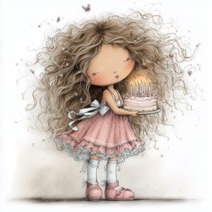 May include: Illustration of a girl with long, curly brown hair holding a pink birthday cake with lit candles. She wears a pink dress with a white bow, white socks, and pink shoes. Butterflies and decorative elements surround her.