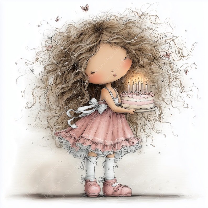 May include: Illustration of a girl with long, curly brown hair holding a pink birthday cake with lit candles. She wears a pink dress with a white bow, white socks, and pink shoes. Butterflies and decorative elements surround her.