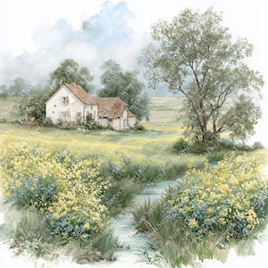 Könnte beinhalten: Aquarellmalerei einer ländlichen Landschaft mit einem weißen Cottage mit rotem Ziegeldach, eingebettet in ein Feld mit gelben und blauen Wildblumen. Ein Bach fließt durch den Vordergrund, mit einem großen Baum und einem bewölkten Himmel.