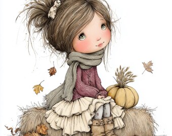 56 Whimsical Autumn Girl Clipart Bundle, Fall PNG Illustrations, Watercolor Girls, Cozy Autumn Clipart, Paper craft, junk journal