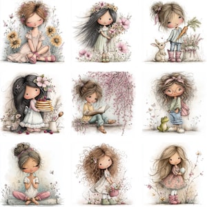 May include: A collection of nine watercolor illustrations of young girls in various poses. Each girl is depicted with large eyes and soft features, surrounded by flowers and nature elements. The color palette is soft, with pastel shades of pink, yellow, and green.