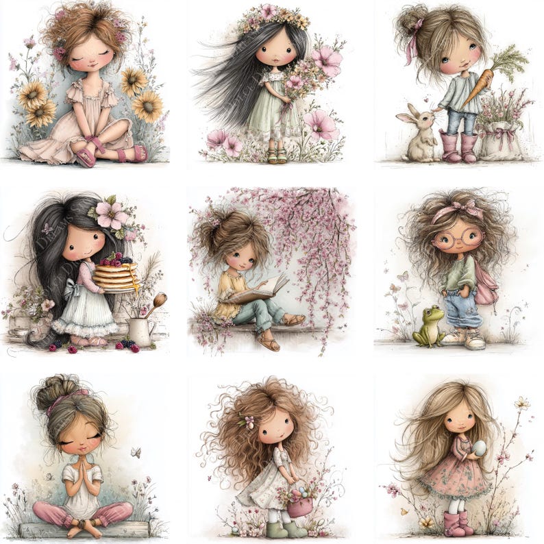 May include: A collection of nine watercolor illustrations of young girls in various poses. Each girl is depicted with large eyes and soft features, surrounded by flowers and nature elements. The color palette is soft, with pastel shades of pink, yellow, and green.