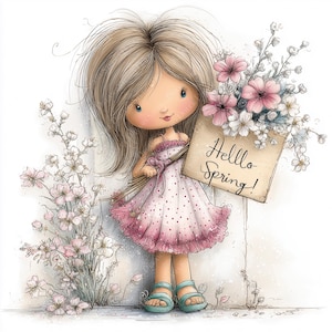 May include: A cartoon illustration of a girl holding a sign that says "Hello Spring!" She wears a pink polka-dot dress and blue sandals. She is surrounded by pink and white flowers, with long blonde hair.