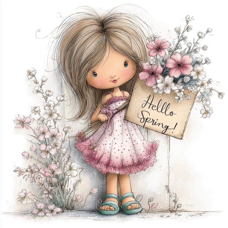 May include: A cartoon illustration of a girl holding a sign that says "Hello Spring!" She wears a pink polka-dot dress and blue sandals. She is surrounded by pink and white flowers, with long blonde hair.