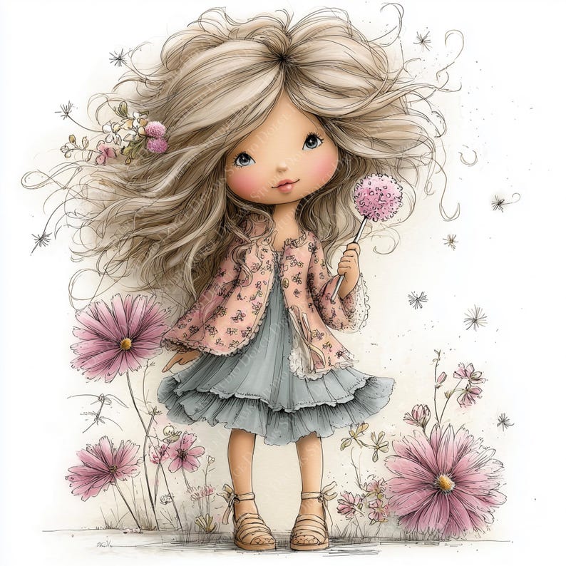 May include: A watercolor illustration of a young girl with long, flowing blonde hair. She wears a pink floral jacket over a blue dress and holds a pink flower. Pink flowers and greenery surround her.
