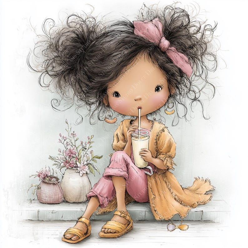 May include: Illustration of a girl with dark curly hair, wearing a pink bow, yellow top, and pink pants, sipping from a glass. She is sitting on a white ledge with vases of flowers. The image has a soft, watercolor style.
