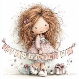 May include: A watercolor illustration of a doll with long, curly auburn hair, wearing a pink dress and holding a banner that reads "HAPPY BIRTHDAY." The image includes gift boxes and floral accents, creating a whimsical birthday theme.
