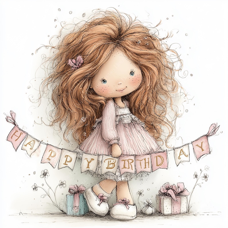 May include: A watercolor illustration of a doll with long, curly auburn hair, wearing a pink dress and holding a banner that reads "HAPPY BIRTHDAY." The image includes gift boxes and floral accents, creating a whimsical birthday theme.