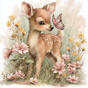Puede incluir: Ilustración en acuarela de un cervatillo con una mariposa en la nariz, rodeado de flores rosas y amarillas y hierba alta. El cervatillo tiene manchas blancas y está mirando a la mariposa. El fondo es un suave y borroso lavado de color.