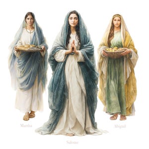 K&ouml;nnte beinhalten: Aquarellillustration von drei Frauen in flie&szlig;enden Gew&auml;ndern. Martha h&auml;lt ein Tablett mit Brot und Fisch, Salome hat die H&auml;nde zum Gebet gefaltet und Abigail tr&auml;gt einen Korb mit Fr&uuml;chten. Jede Frau ist in Stoffen unterschiedlicher Farben drapiert.