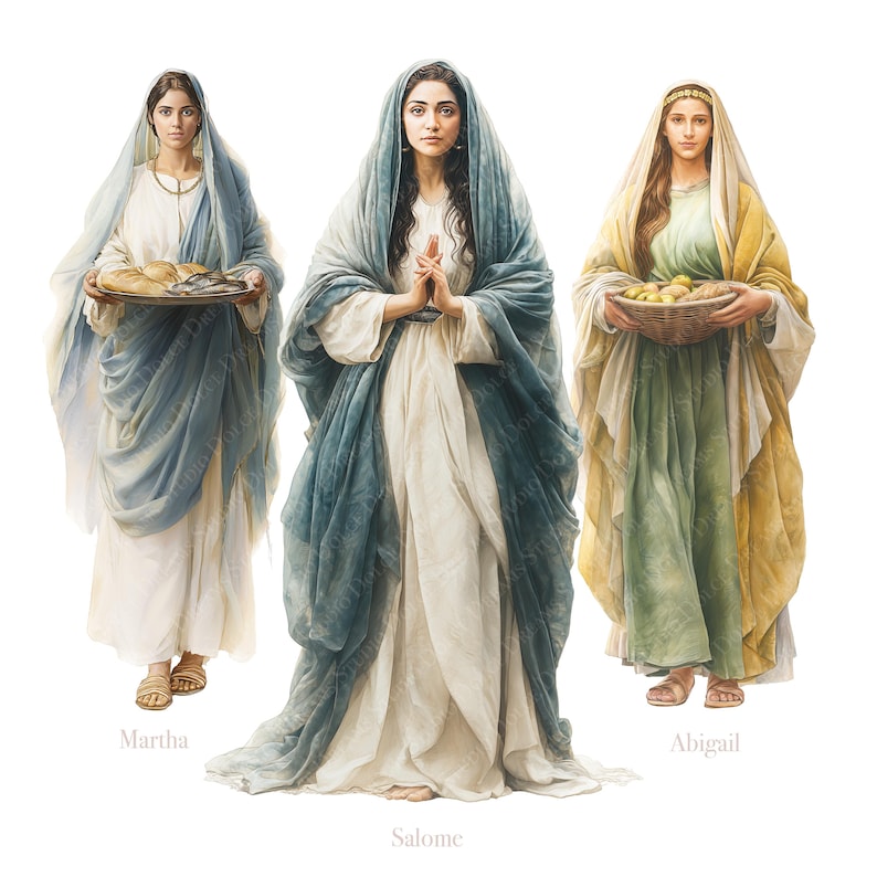 K&ouml;nnte beinhalten: Aquarellillustration von drei Frauen in flie&szlig;enden Gew&auml;ndern. Martha h&auml;lt ein Tablett mit Brot und Fisch, Salome hat die H&auml;nde zum Gebet gefaltet und Abigail tr&auml;gt einen Korb mit Fr&uuml;chten. Jede Frau ist in Stoffen unterschiedlicher Farben drapiert.