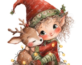 12 Cute Christmas Elves Clipart, Holiday Elf Illustrations, Printable Watercolor clipart, High Quality PNGs, Digital download, Paper craft