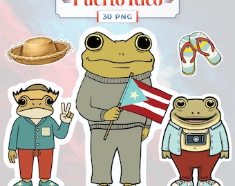 Paquete de 30 imágenes prediseñadas de ranas de Puerto Rico, calcomanía estilo sapo concho, PNG cultural boricua, imágenes prediseñadas de isla tropical, diseño de sublimación de Puerto Rico