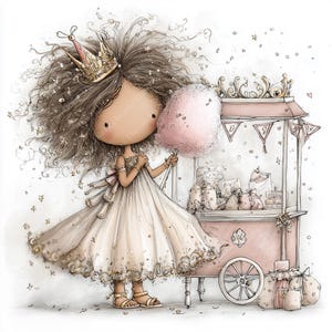 May include: Illustration of a young girl wearing a gold crown and a flowing dress, holding a pink cotton candy. She stands next to a pink candy cart filled with wrapped gifts. The artwork has a whimsical, fairytale theme with soft colors and delicate details.