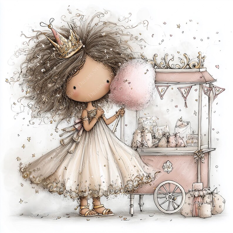 May include: Illustration of a young girl wearing a gold crown and a flowing dress, holding a pink cotton candy. She stands next to a pink candy cart filled with wrapped gifts. The artwork has a whimsical, fairytale theme with soft colors and delicate details.