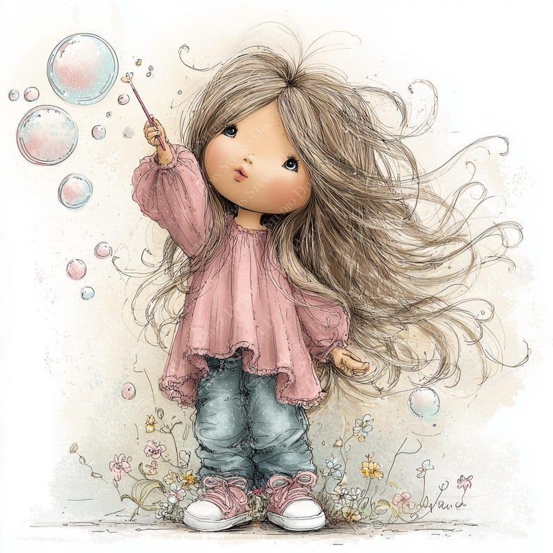 May include: Watercolor illustration of a young girl blowing bubbles. She wears a pink top, blue jeans, and pink sneakers. Her long, flowing brown hair is blowing in the wind. Bubbles float in the air, and flowers are at her feet.