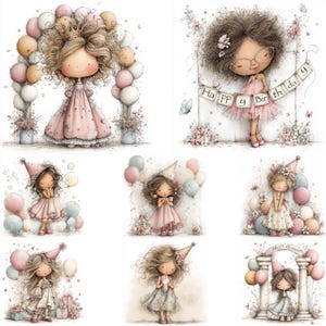 May include: A collection of watercolor illustrations featuring adorable girls in party dresses. Each girl is surrounded by balloons and floral accents, with some holding birthday banners or wearing party hats. Soft pastel colors dominate the images.
