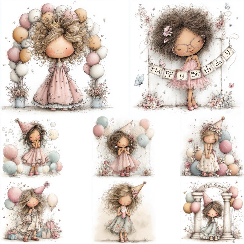 May include: A collection of watercolor illustrations featuring adorable girls in party dresses. Each girl is surrounded by balloons and floral accents, with some holding birthday banners or wearing party hats. Soft pastel colors dominate the images.