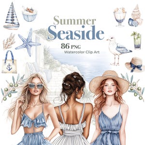 May include: Watercolor clip art set titled "Summer Seaside" featuring illustrations of women, a sailboat, beach accessories, and food items. The artwork includes a seagull, a starfish, and a beach bag.