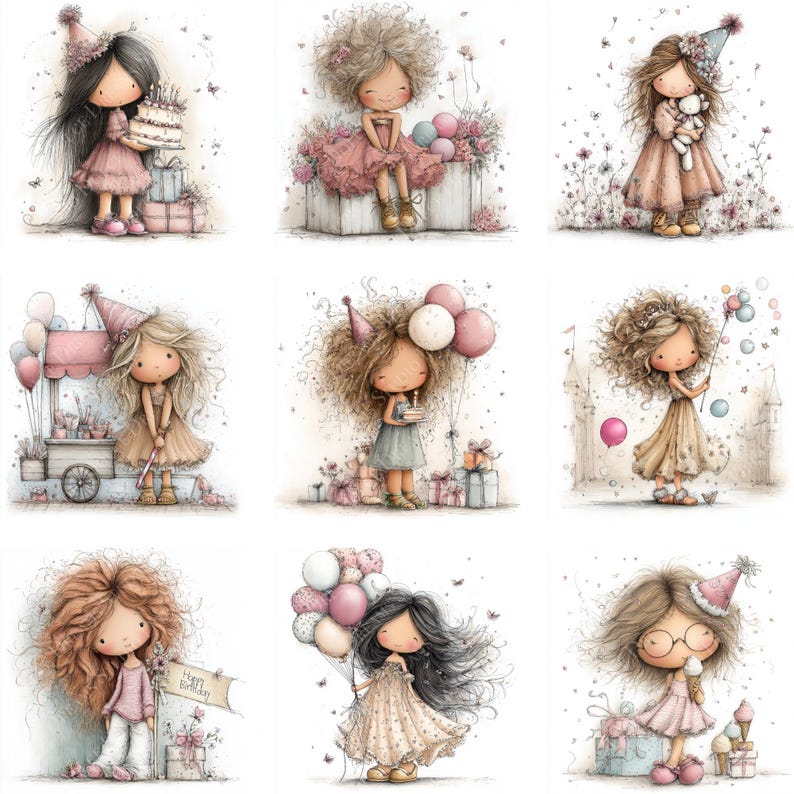 May include: Nine watercolor illustrations of cartoon girls celebrating birthdays. Each girl is wearing a party hat and holding birthday-themed items like balloons, cake, and gifts. The color palette includes soft pinks, peaches, and pastels.