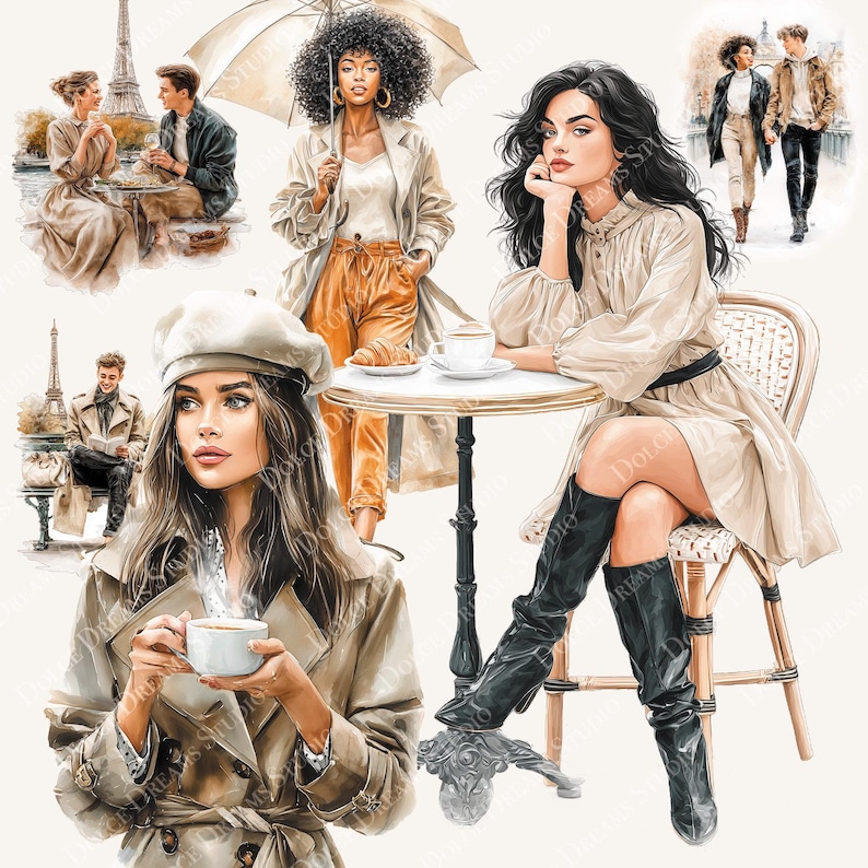 May include: Watercolor illustrations of people in Parisian settings. The images depict individuals in stylish outfits, enjoying coffee, and strolling near the Eiffel Tower. The color palette includes beige, brown, and orange tones.