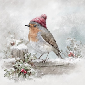 Puede incluir: Pintura a la acuarela de un petirrojo con un gorro rojo de punto, posado en una valla de madera nevada. Acebo y bayas rojas en primer plano, con un paisaje nevado suave al fondo. Una escena invernal festiva.
