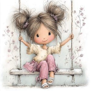 May include: A whimsical illustration of a girl on a swing. She wears a cream-colored top and pink polka-dot pants. Her hair is styled in two buns adorned with flowers. The swing is made of wood and hangs from ropes, with floral accents in the background.