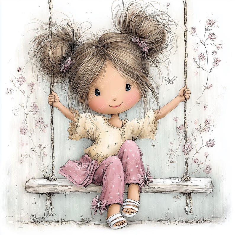 May include: A whimsical illustration of a girl on a swing. She wears a cream-colored top and pink polka-dot pants. Her hair is styled in two buns adorned with flowers. The swing is made of wood and hangs from ropes, with floral accents in the background.